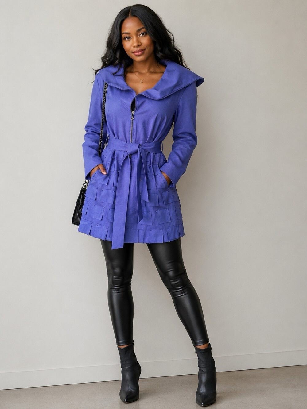 Samuel Dong Purple Ruffle Dress Women's S Full Zip Jacket Coat Belted
